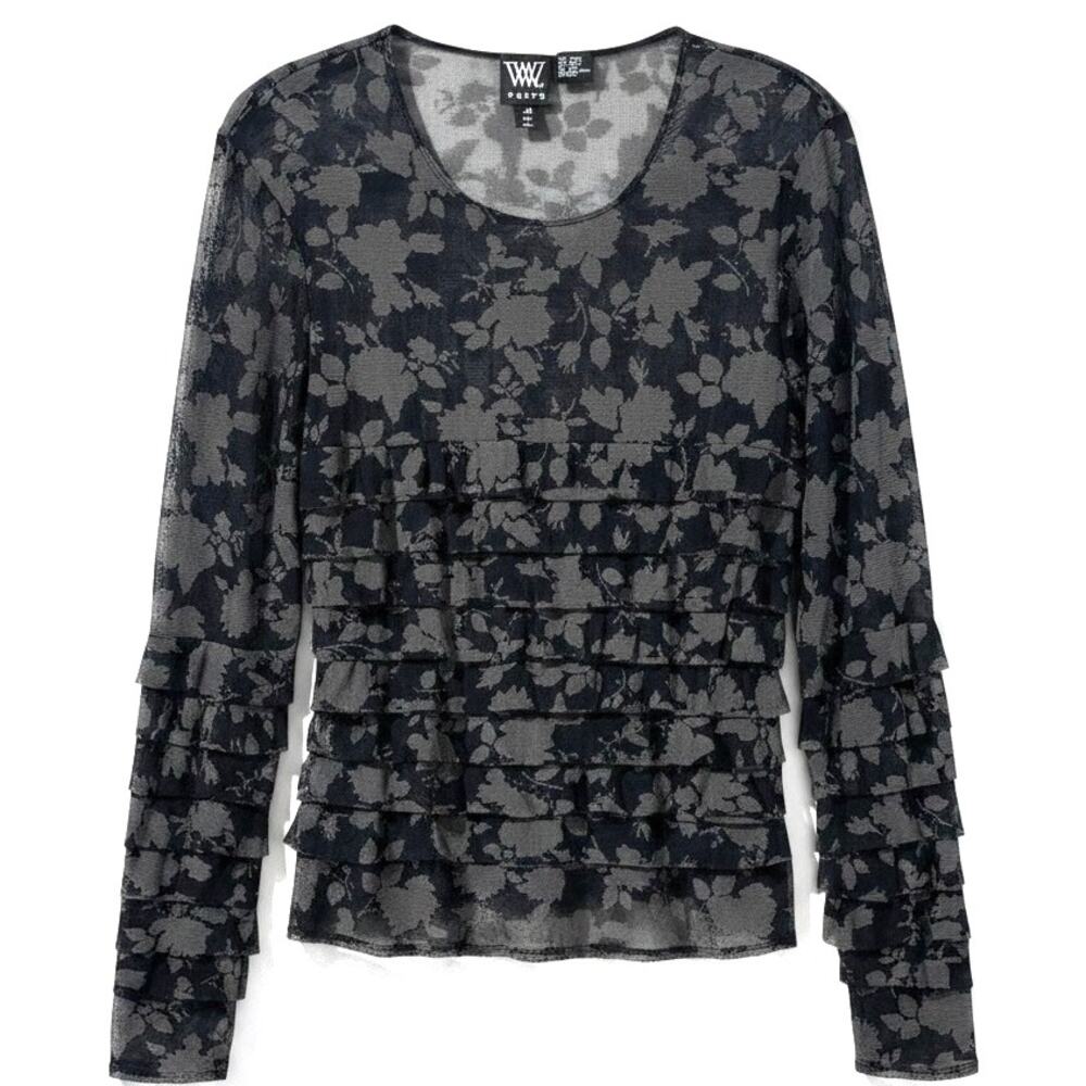 W By WORTH Women's SHEER RUFFLE BLOUSE Black FLORAL Size MEDIUM